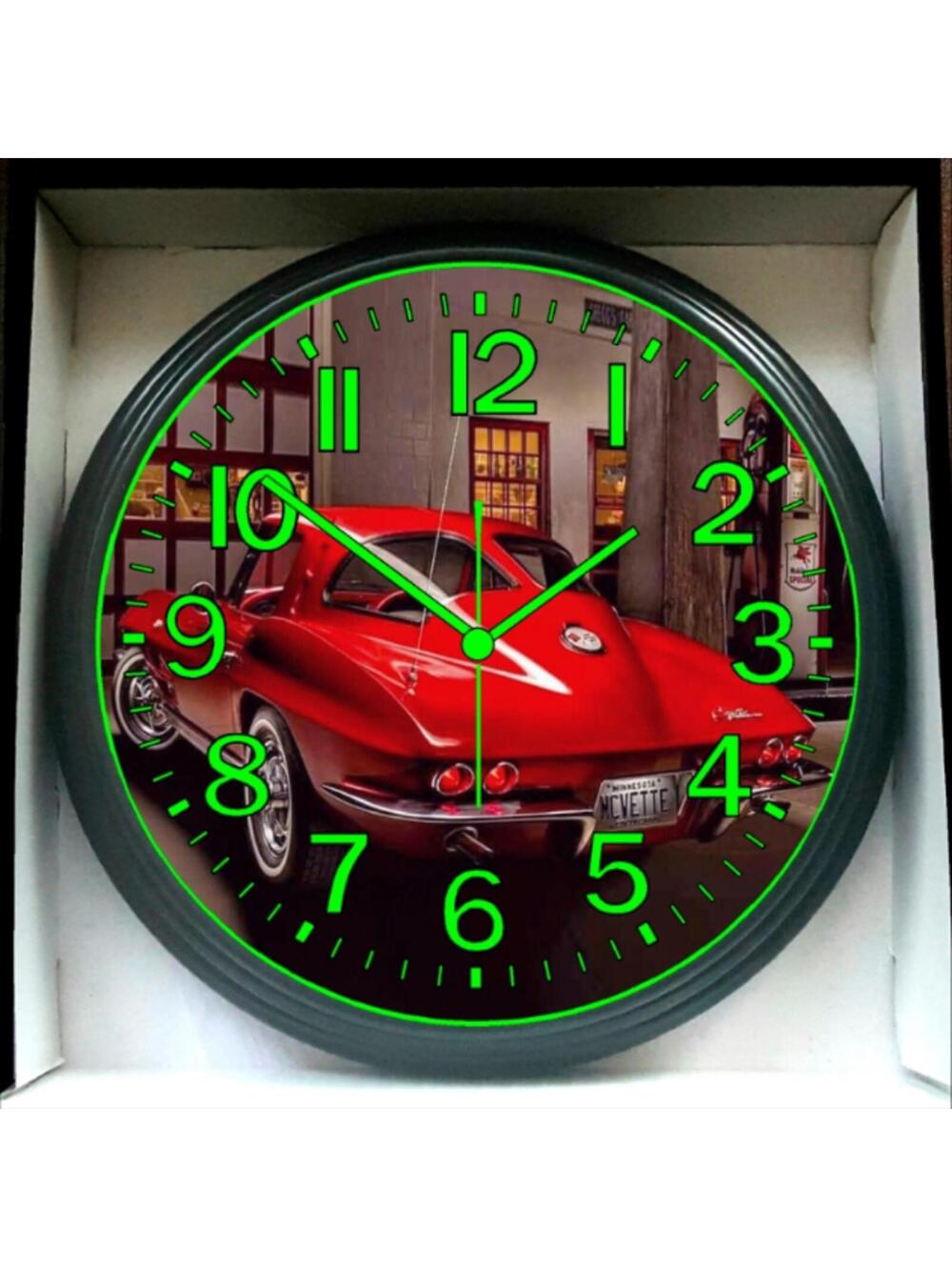 Classic Car Chevy Corvette Red Glow in The Dark Wall Clock New!